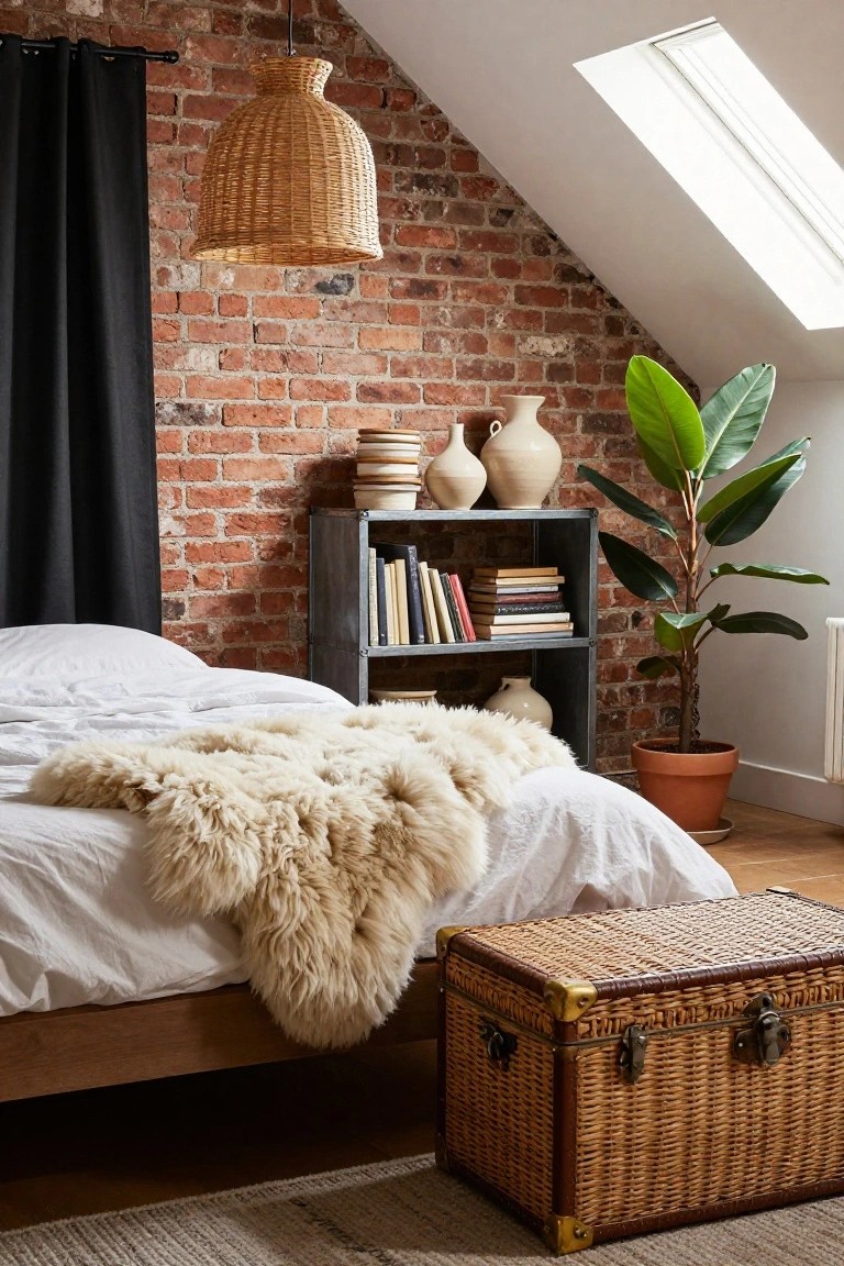 Attic bedroom with exposed red brick walls, black curtain, rattan pendant lamp, metal shelving with books ceramics and vases, potted green plant, white bed with sheepskin throw, rattan trunk on foot, jute rug, skylight, and wooden floor.