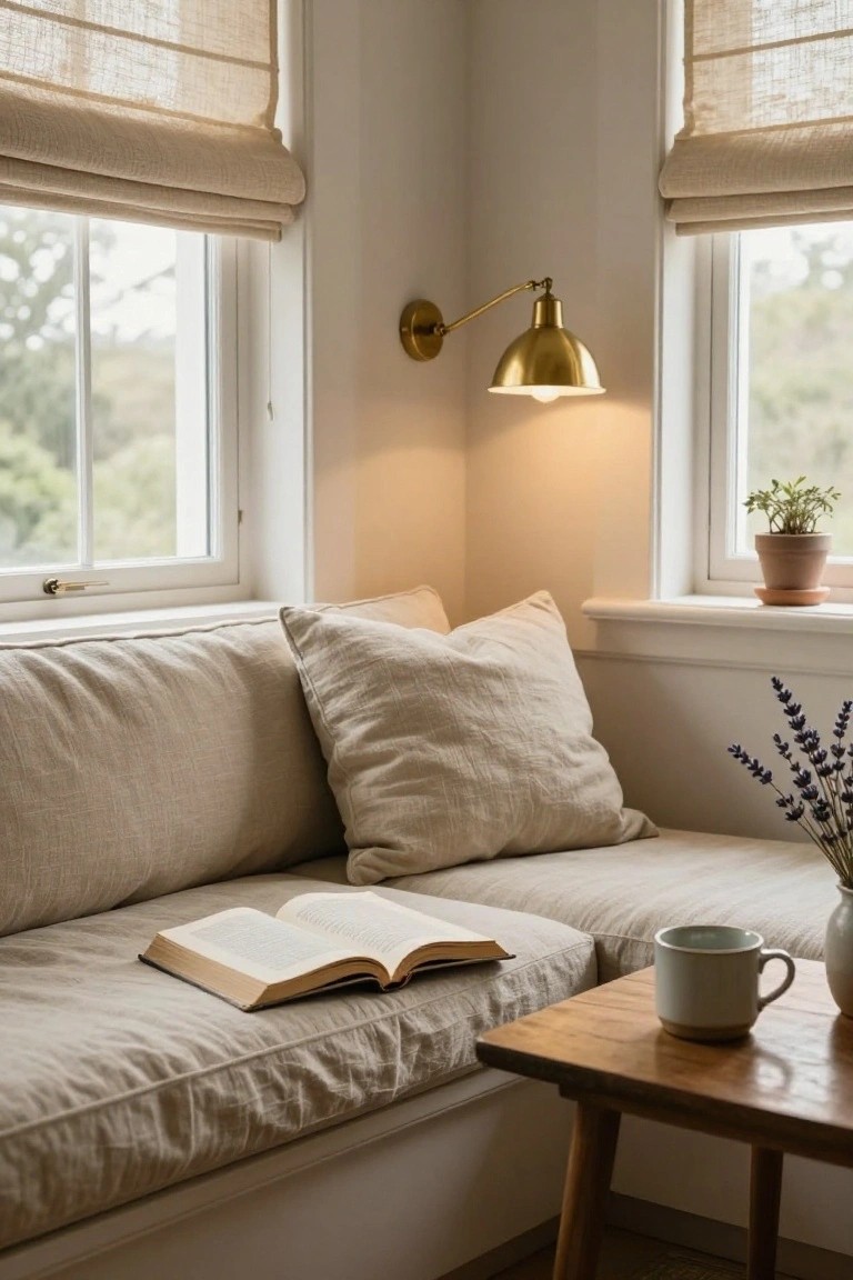 Beige linen-upholstered window bench in corner of light room with two pillows, open book, white mug on wooden side table, gold wall lamp lit, potted plant on windowsill, lavender stems in vase, and linen shades on double-hung windows overlooking trees.