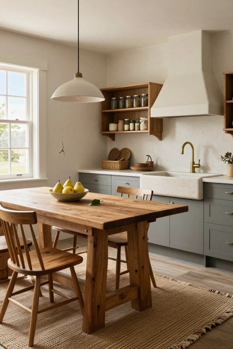 A light-filled kitchen with a rectangular wooden dining table, four wooden chairs, a bowl of pears on the table, gray lower cabinets, white farmhouse sink, brass faucet, wood open shelves with jars, and beige walls.