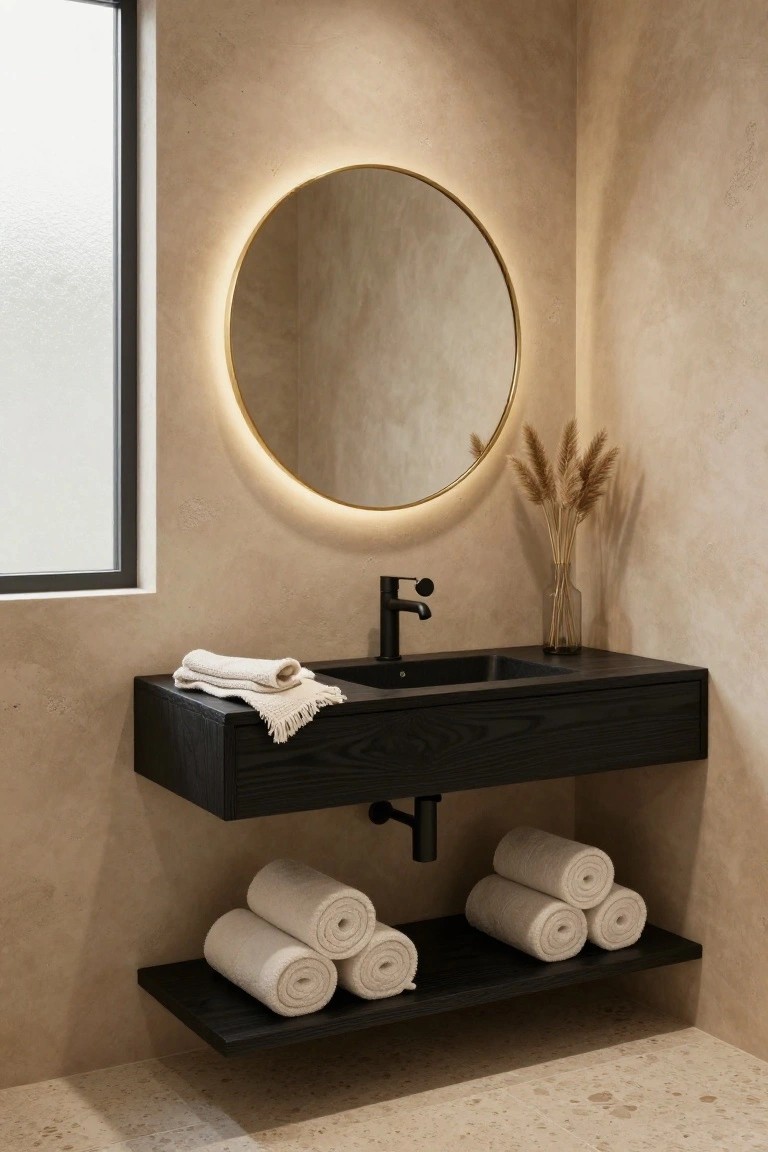 Bathroom corner with beige textured walls, black floating wood vanity and faucet, round mirror with LED backlight, glass vase of pampas grass, folded towel on vanity, and rolled white towels on shelf below, next to a frosted window.
