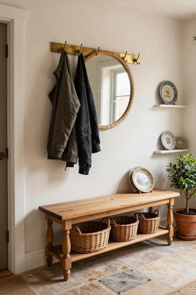 Entryway interior with wooden bench holding three wicker baskets underneath, two coats and a jacket on brass wall hooks, round rattan mirror, blue and white decorative plates on white wall shelves, potted plant in terracotta pot, and stone tile floor.