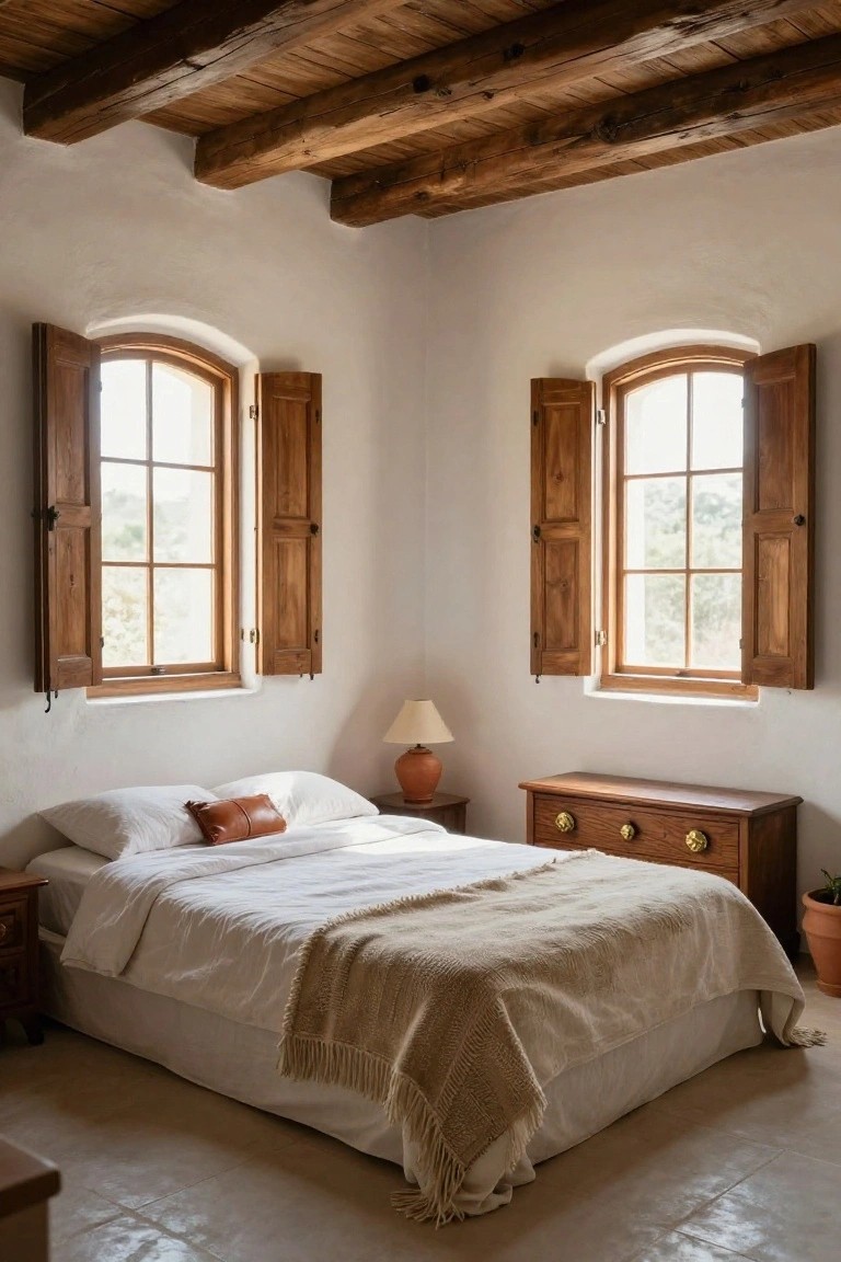 A cozy bedroom corner with white plaster walls, exposed dark wooden beam ceiling, two arched windows with open wooden shutters, low white bed with beige throw and leather pillow, wooden dressers, terracotta lamp and plant pot on tiled floor.
