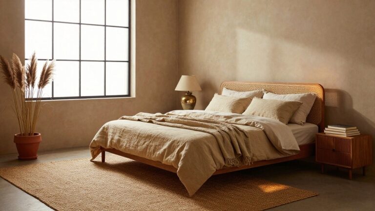 23 Cozy Earthy Interior Designs With Natural Warmth Bedroom nightstand made of wood with rattan drawer fronts holding a gold lamp, books, and a tall terracotta vase of pampas grass, next to a rattan headboard bed with beige linens and a black-framed window.