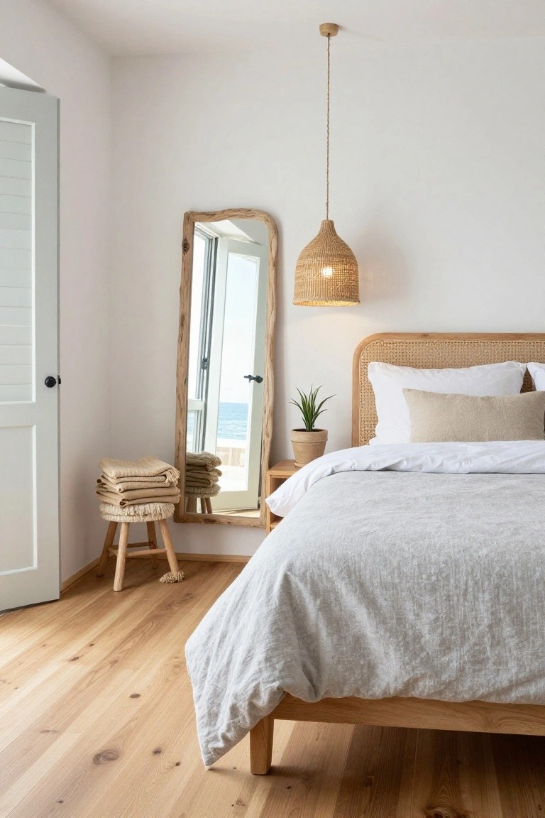 Bright bedroom with white walls, rattan-woven headboard on wooden bed frame, beige and white linens, full-length rustic wood mirror, woven stool with folded throws, potted plant, rattan pendant light, and open doors to sea view.