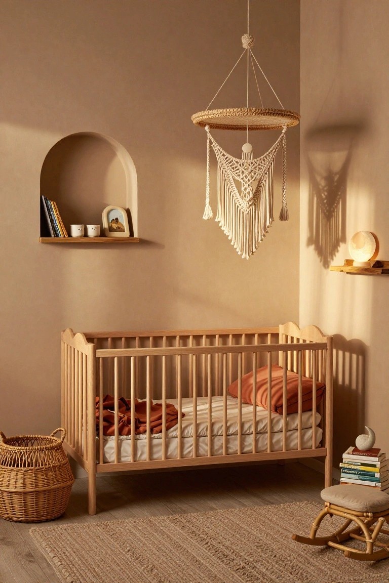 Beige nursery room with light wooden crib containing orange bedding and white sheets, macrame and rattan hanging light, arched wall niche holding books and cups, wicker basket, stack of books with moon sculpture, cushioned rattan stool, and rocking horse on seagrass rug over wood floor.