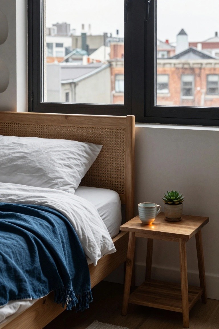 Bedroom corner with rattan headboard on wooden bed frame, white sheets and pillows, blue throw blanket, wooden nightstand holding lit mug and potted succulent, large window showing urban skyline.