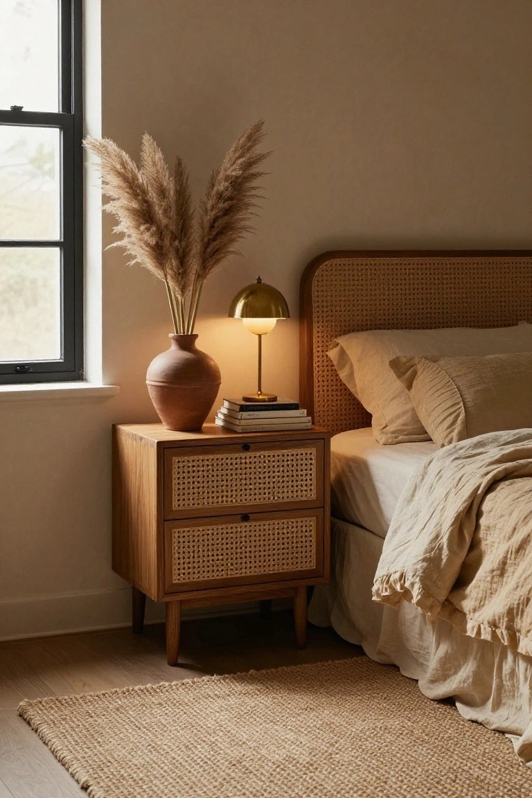 Bedroom nightstand made of wood with rattan drawer fronts holding a gold lamp, books, and a tall terracotta vase of pampas grass, next to a rattan headboard bed with beige linens and a black-framed window.