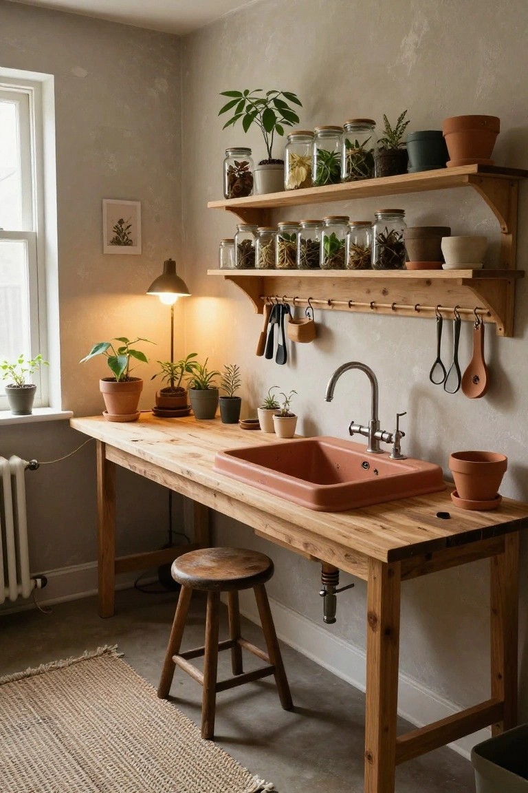 Wooden workbench with pink sink and drainboard in a light room, wooden shelves above holding glass jars and potted plants, various greenery, hanging utensils, and a wooden stool.