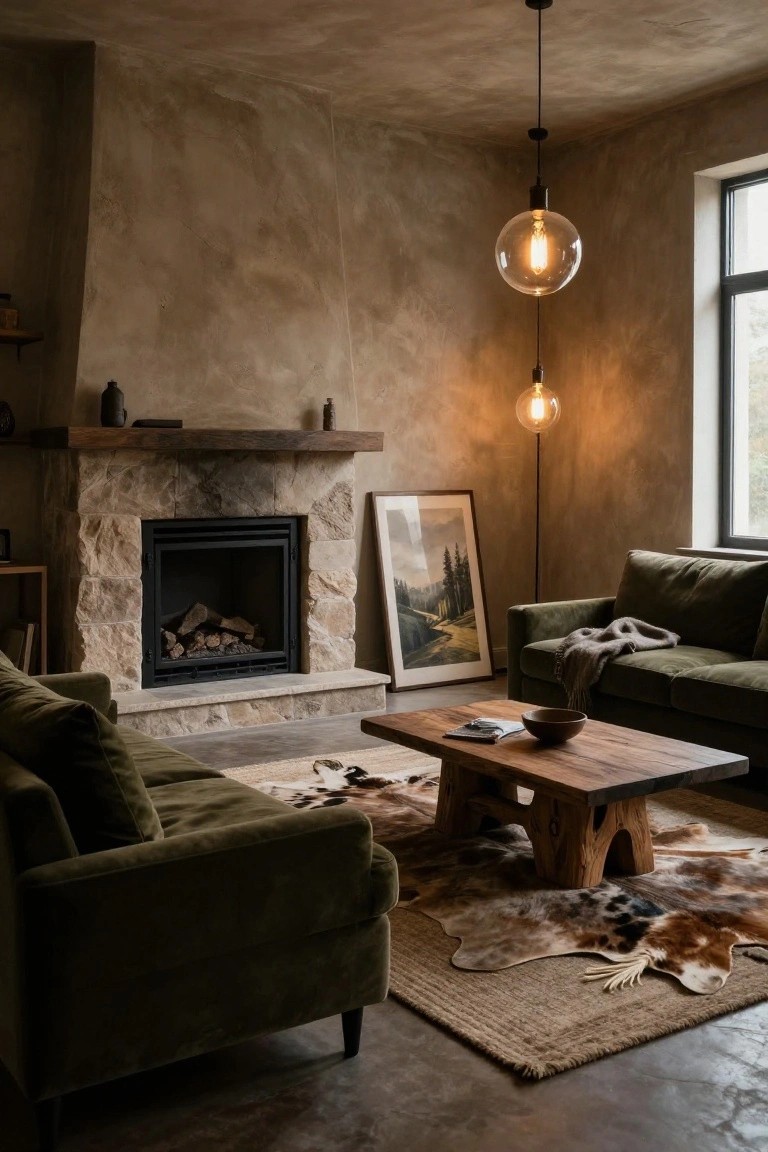 Living room interior with a stone fireplace under a wooden mantel, green velvet sofa, wooden coffee table, layered rugs, and hanging globe pendant lights against textured beige walls.