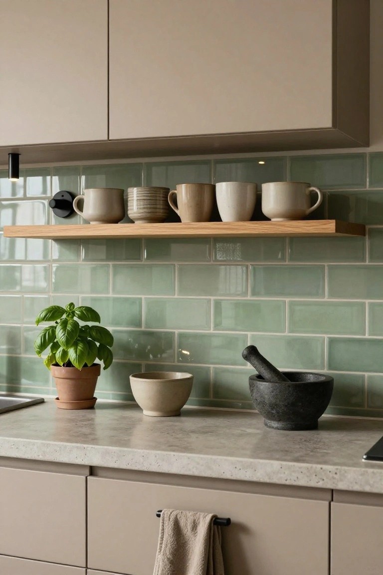 Close-up view of a modern kitchen countertop area featuring beige cabinets, an oak wall shelf with stacked bowls and mugs, sage green glossy subway tile backsplash, a black mortar and pestle, white bowl, basil plant in terracotta pot, and beige dish towel on cabinet handle.
