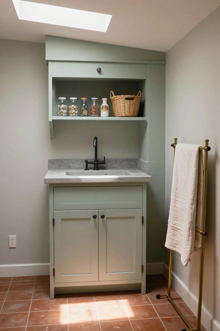 Sage green bathroom vanity with sink, open shelf, and gold towel rack.