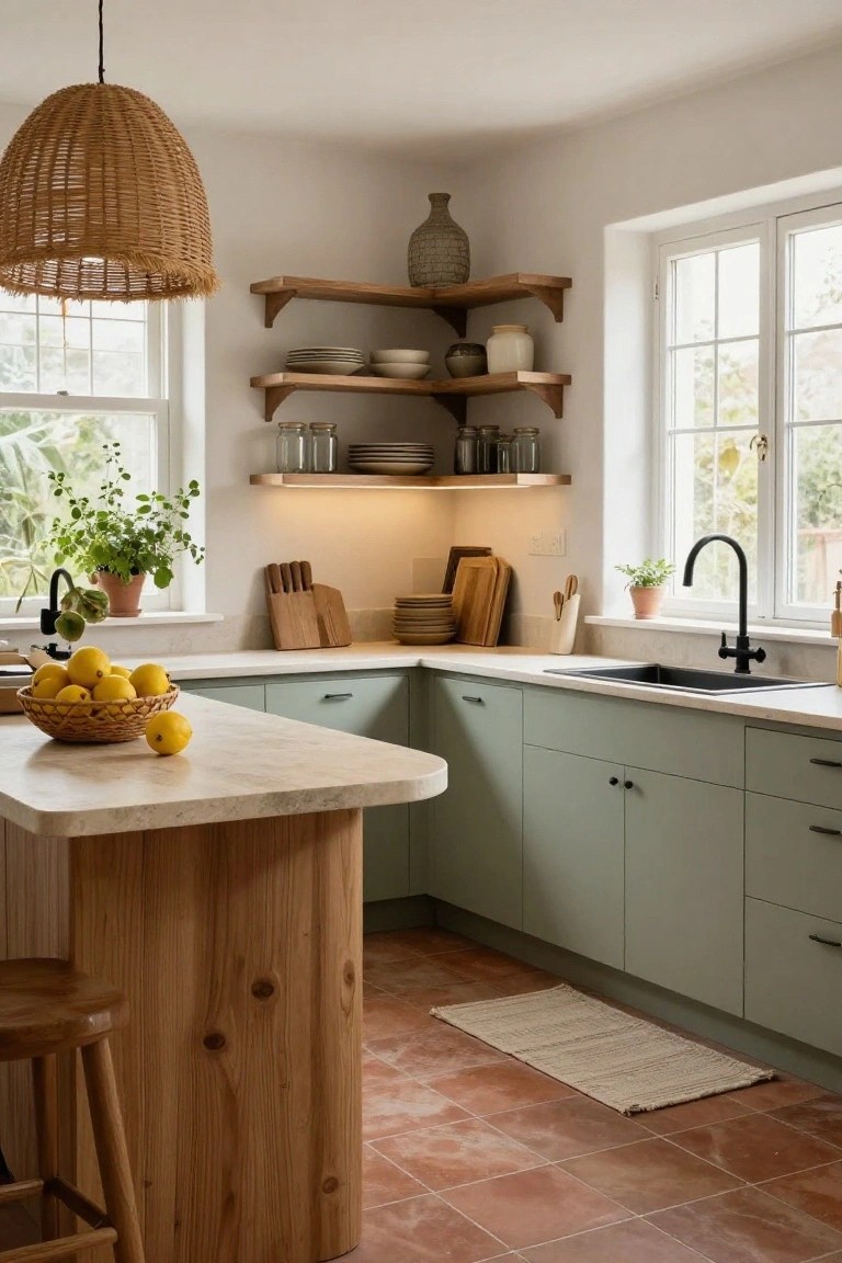 Kitchen corner with sage green lower cabinets, white quartz countertops, thick wooden island and stool, black matte faucet and sink, open wooden shelves holding plates jars and vase, rattan pendant light, and bowl of lemons on counter.