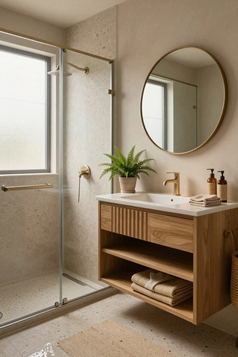 Modern bathroom with floating wooden slatted vanity under white sink, round gold mirror, glass shower enclosure, gold fixtures, potted fern, and beige tiled walls and floor.