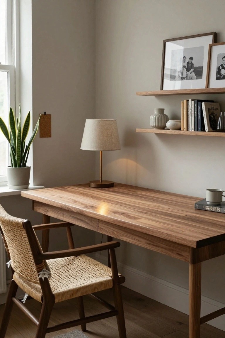 Corner indoor workspace with wooden desk, rattan armchair, brass lamp, potted snake plant in gray pot, floating oak shelves with books and ceramics, and family photos against light beige walls and large window.