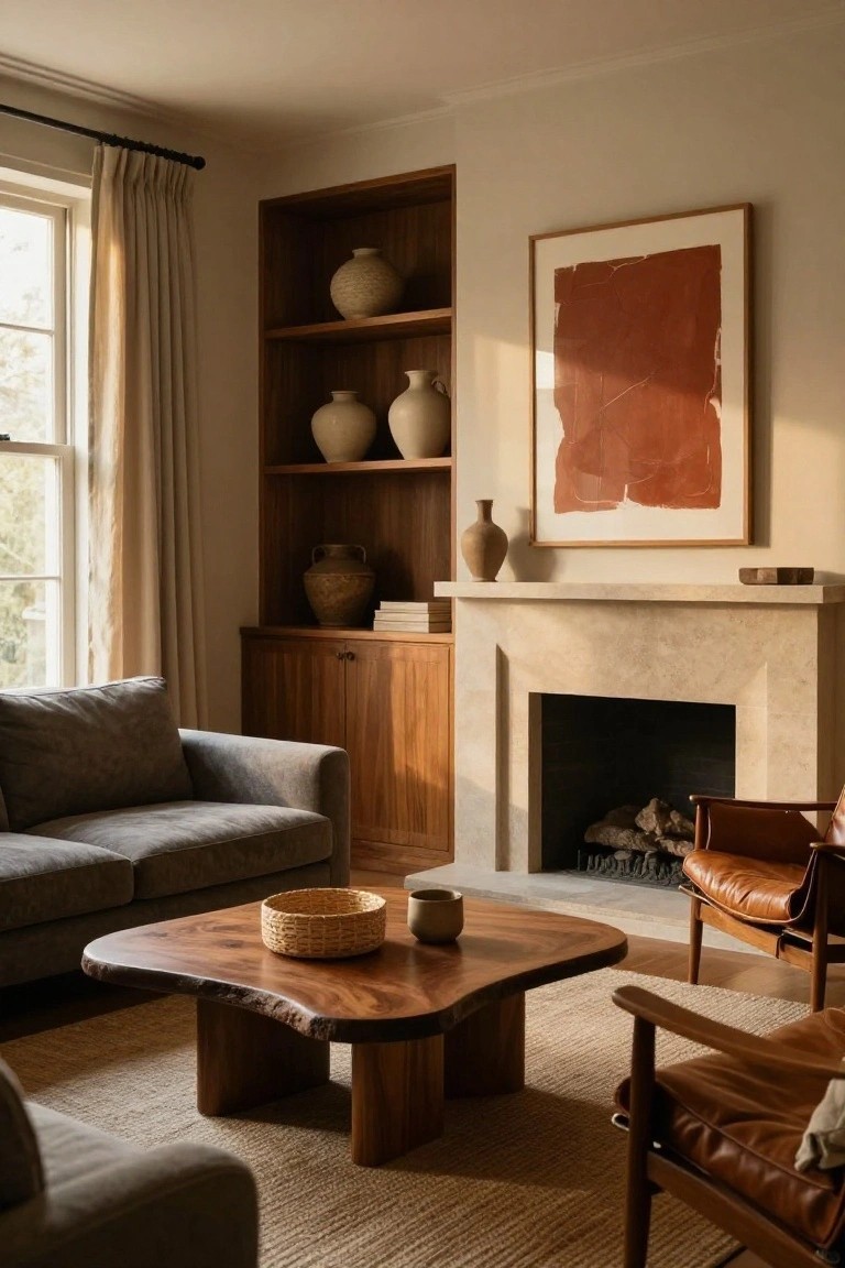 A living room interior featuring a beige stone fireplace flanked by tall wooden bookshelves with ceramic vases and books, a gray sofa, live-edge wooden coffee table with a woven basket, and a brown leather armchair on a seagrass rug.