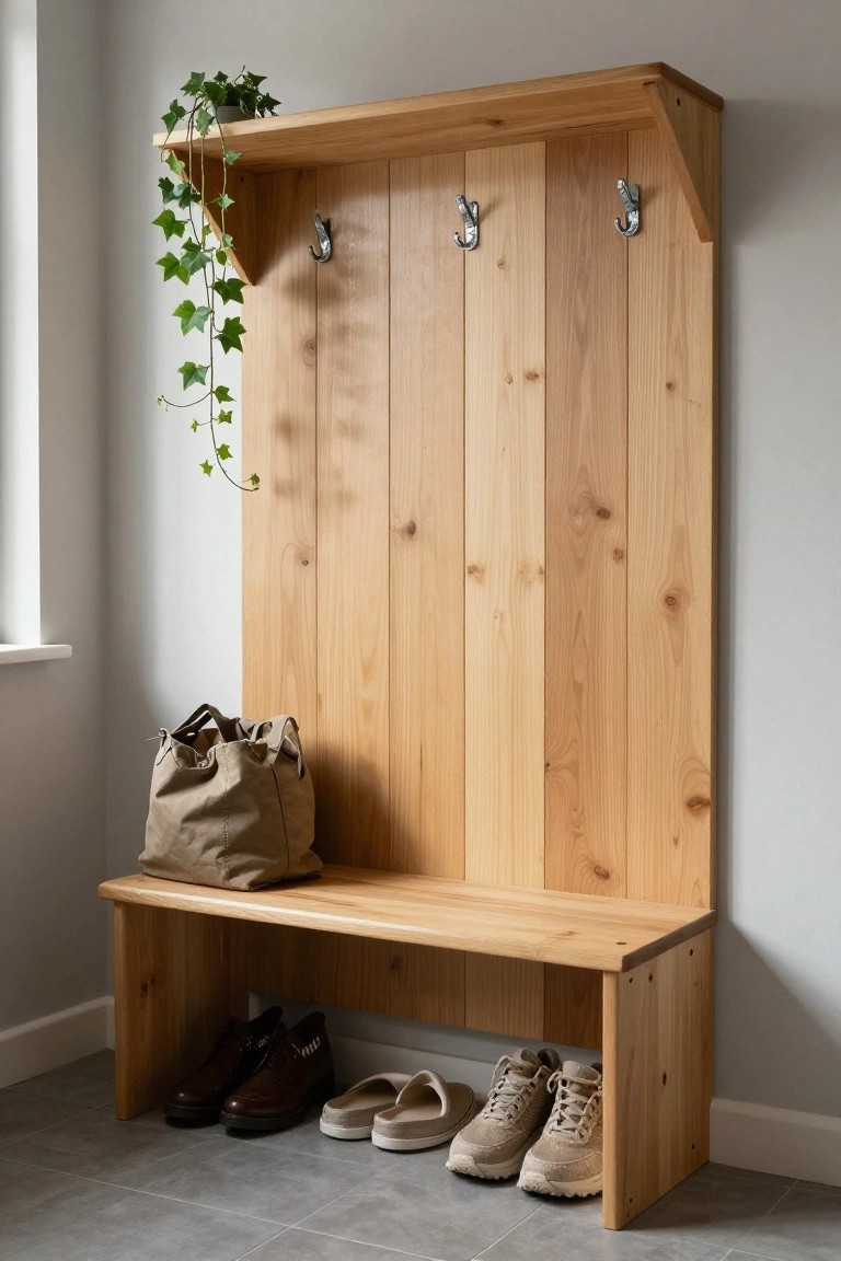 Wooden entryway bench with coat hooks, beige bag, and shoes below.