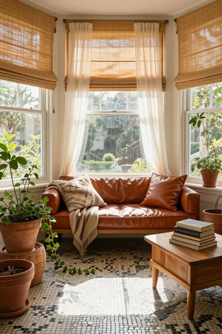 Sunroom interior with large bay windows featuring rolled-up bamboo roman shades and white sheer curtains, tan leather sofa with woven throw blanket and pillows, potted plants in terracotta pots, wooden coffee table with stacked books, and black-and-white mosaic tile floor.