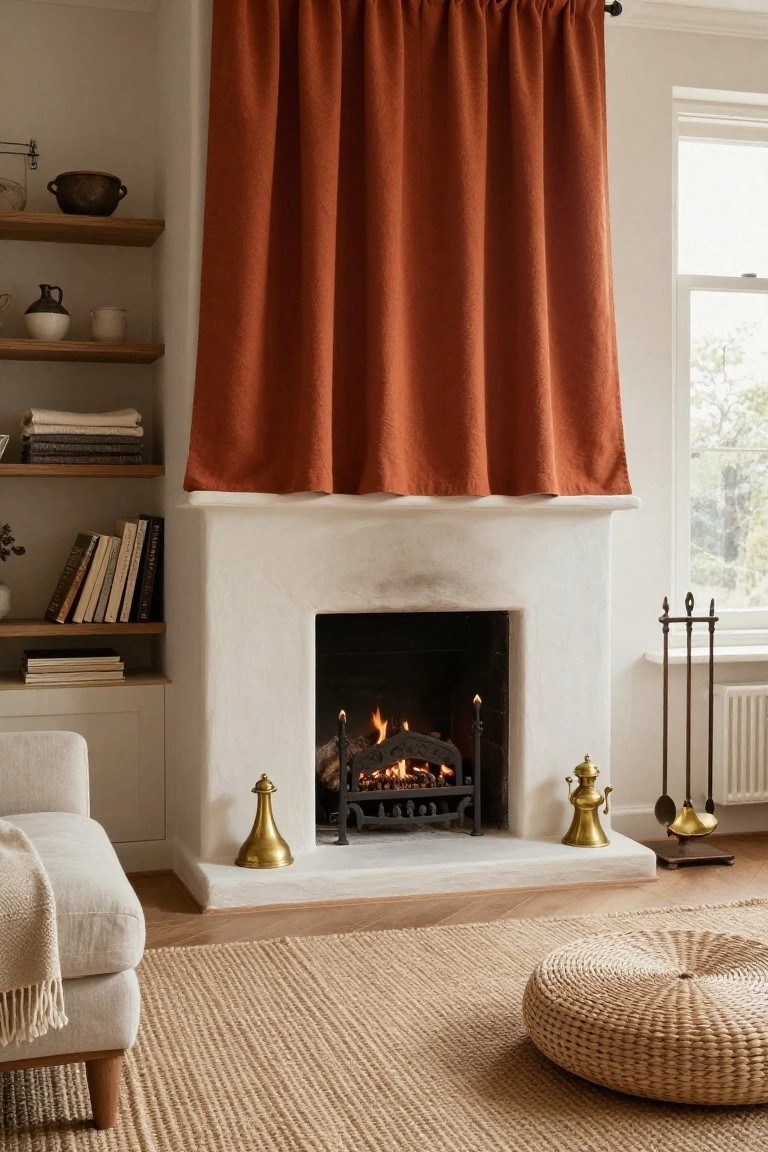 Living room interior with white stucco fireplace containing a lit fire, tall burnt orange curtains on adjacent window, wooden shelves holding ceramics books and linens, cream armchair with throw, jute rug, and rattan pouf on oak floor.
