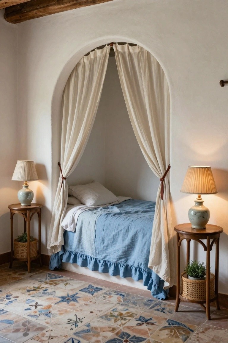 A single bed recessed in a white arched alcove with sheer white curtains draped and tied back by leather straps, blue bedding, flanked by two ceramic lamps on wooden tables with plants, above a colorful tiled floor.