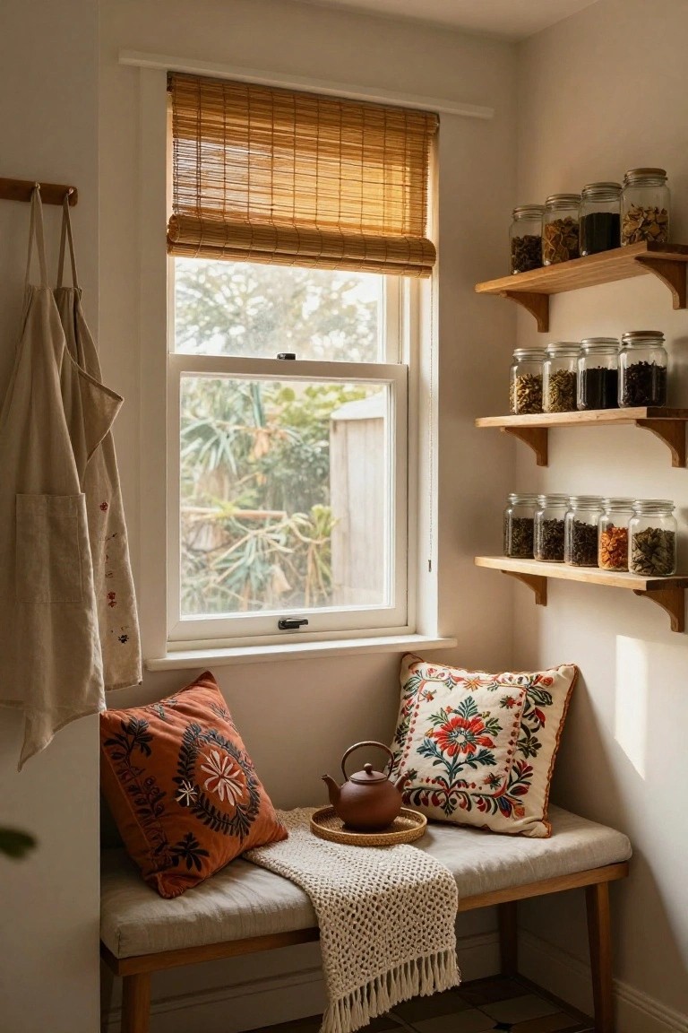 Cozy Window Bench with Folk Textiles