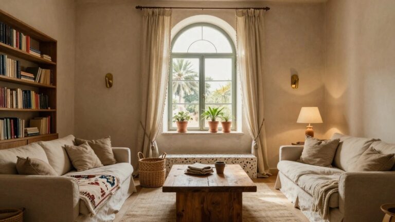 Beige-walled living room with cream linen sofa covered in colorful woven throw, rustic wooden coffee table holding folded linens and bowl, sheer curtains on tall arched window with green plants on sill, wall sconces, and bookshelves.