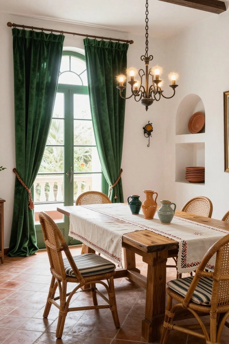 Interior of a white-walled dining room with green velvet curtains on arched French doors opening to a balcony, wooden table covered in white cloth, rattan chairs with striped cushions, brass chandelier, wall niches with ceramics, and terracotta tile floor.