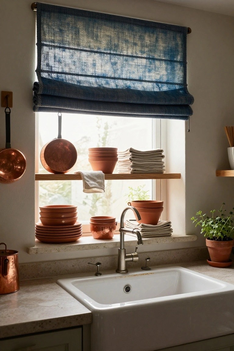 Kitchen window area with blue indigo-dyed roman shade, wooden shelves holding copper pots, terracotta dishes and planters, folded white linens, herbs in pots, and white farmhouse sink below.