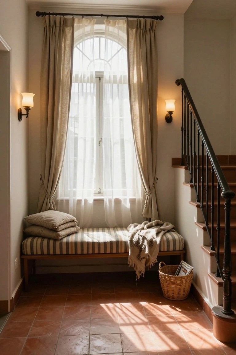 Sunlit entryway with beige striped bench under arched window draped in sheer linen curtains, stacked pillows, textured throw, woven basket with magazine, black metal staircase, and terracotta tile floor.