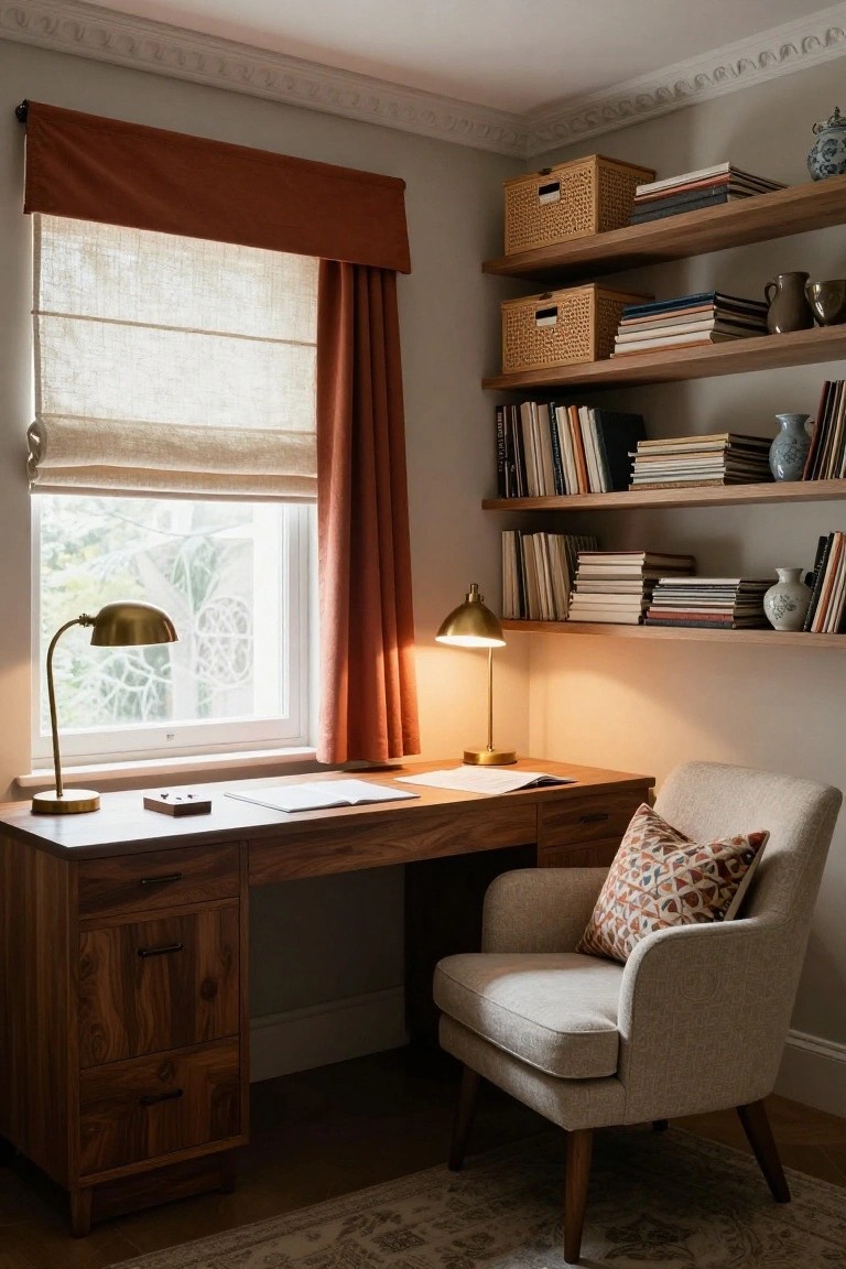 Cozy home office corner with wooden desk, cream upholstered armchair with orange patterned pillow, floating wood shelves filled with books and baskets, brass desk lamps, and window dressed with terracotta valance, orange curtain panel, and beige linen shade.