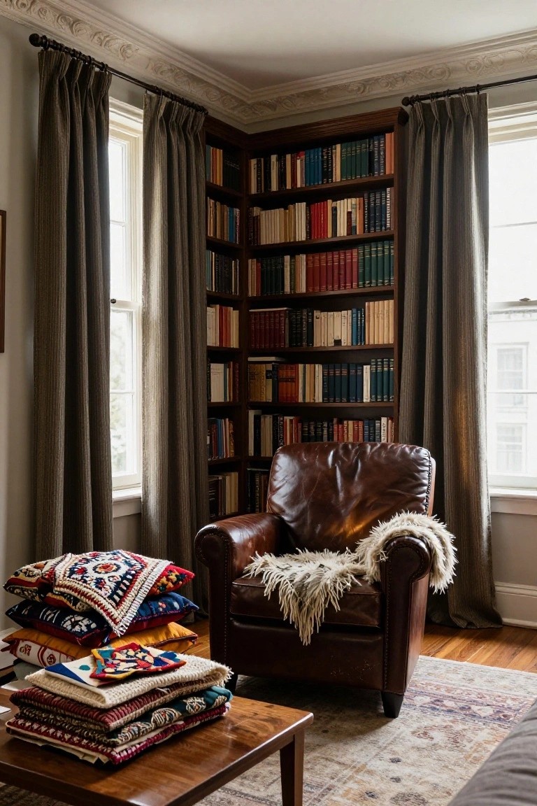 Corner of a library room featuring tall wooden bookshelves filled with colorful books, a brown leather armchair with white fur throw, gray pleated curtains on two windows, and a stack of multicolored patterned pillows and woven textiles on a wooden coffee table in front of a patterned rug.