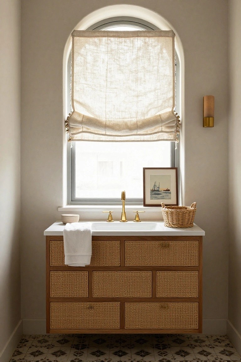 Arched bathroom window covered by a gathered beige linen roman shade with tassels, next to a floating cane-front wood vanity with white countertop, gold faucet, folded towel, woven basket, small bowl, nautical artwork, wall sconce, and patterned tile floor.