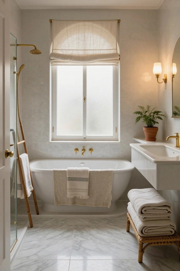 A white bathroom featuring a freestanding bathtub draped in linen towels, glass shower enclosure with gold fixtures, marble floors, rattan towel ladder, linen roman shade on frosted window, round mirror, potted plant, and stacked towels on woven stool.
