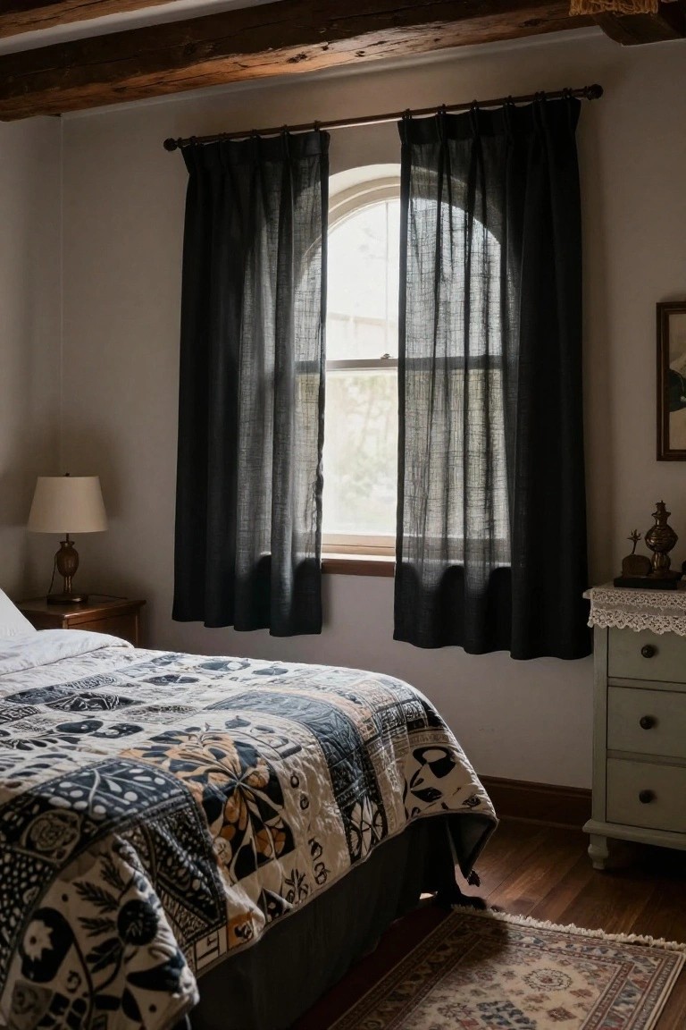 Bedroom with exposed wooden ceiling beams, black sheer linen curtains on an arched window, patterned quilt on the bed, wooden nightstand with lamp, and mint green dresser beside a Persian-style rug.