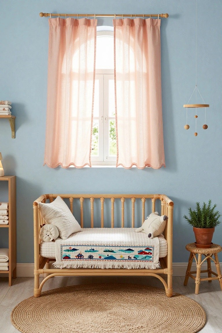 A nursery with light blue walls, sheer pink curtains on an arched window, rattan crib with white bedding and colorful fringed quilt, wooden mobile, shelves with linens, and a potted plant on a rattan stool on a seagrass rug.