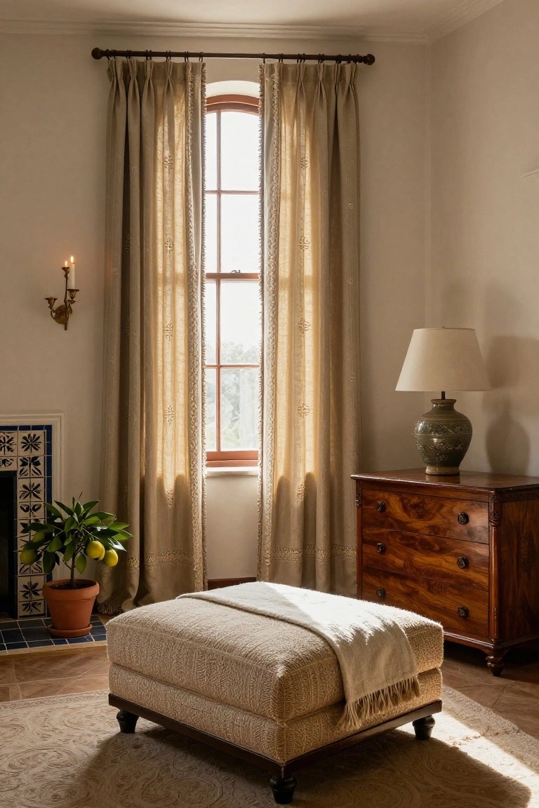 Cozy room corner with tall arched window covered by beige sheer embroidered curtains, wooden dresser topped with green vase lamp, upholstered ottoman with throw, potted lemon tree beside tiled fireplace, and patterned rug on terracotta tile floor.