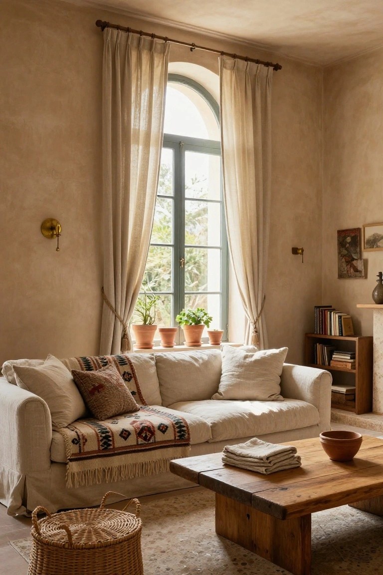 Beige-walled living room with cream linen sofa covered in colorful woven throw, rustic wooden coffee table holding folded linens and bowl, sheer curtains on tall arched window with green plants on sill, wall sconces, and bookshelves.