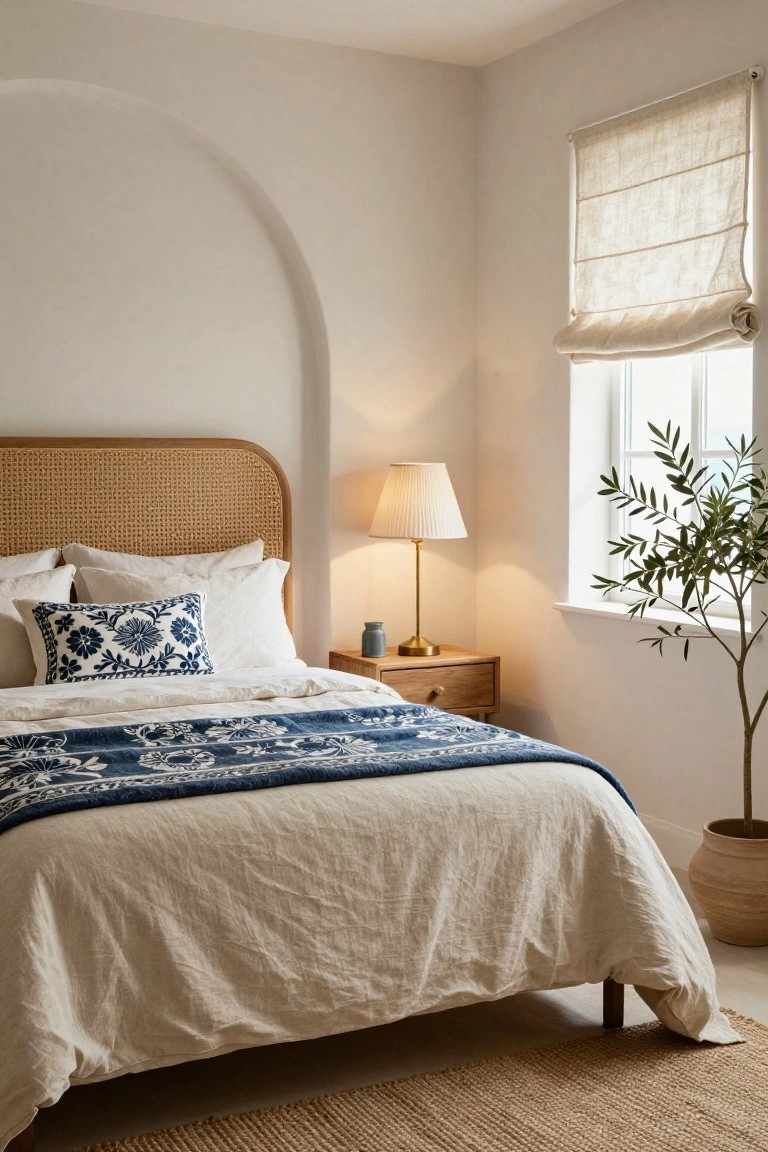 Bedroom with white arched wall niche and rattan headboard, white linen duvet and pillows with blue embroidered accents, wooden nightstand with brass lamp and vase, sheer rolled linen roman shade on window with olive tree in terracotta pot nearby, seagrass rug on floor