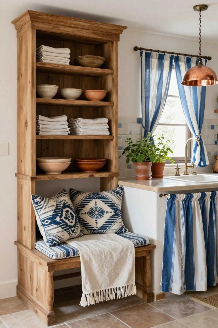 Tall wooden open shelving unit with built-in bench seat holding blue patterned cushions and white throw in a kitchen corner, next to white counter with brass faucet, blue and white striped sink skirt and window curtains, assorted ceramic bowls and folded towels on shelves.