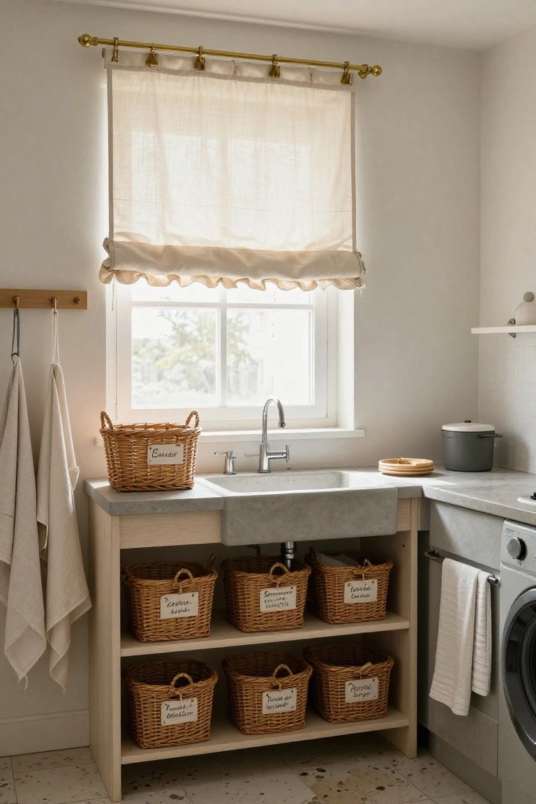 Laundry room corner with open wood shelves holding labeled wicker baskets, a concrete farmhouse sink, sheer ruffled curtains on a brass rod over the window, hanging white towels, and a white washer dryer nearby.