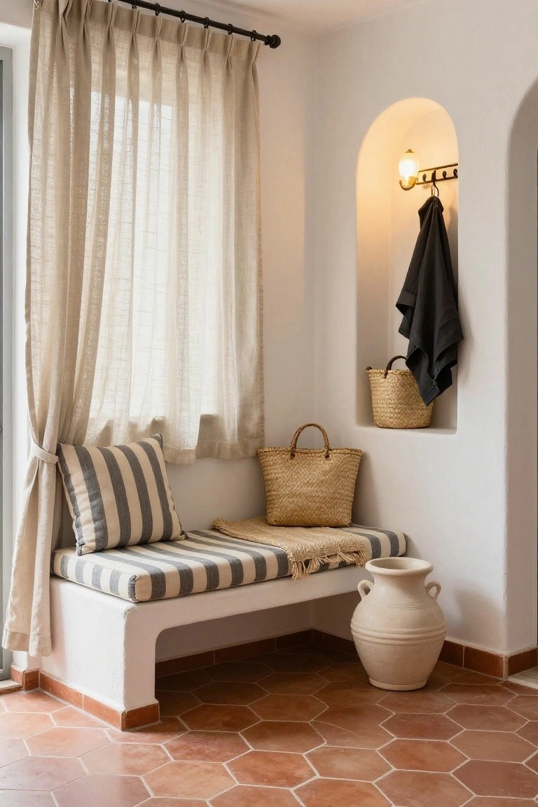White interior corner featuring sheer beige linen curtains on a window, blue-and-white striped cushion on a built-in bench with throw blanket, wicker baskets and hanging black jacket in arched niche, large terracotta pot, and hexagonal terracotta floor tiles.