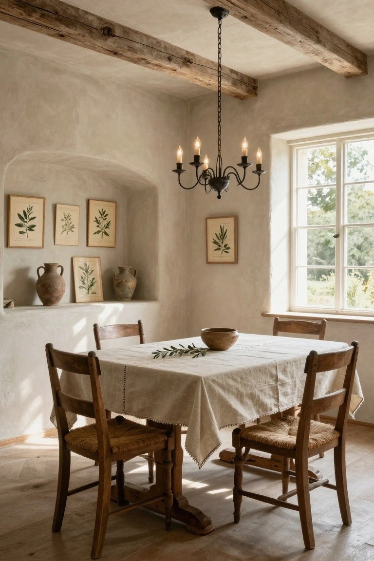 Sunlit dining room interior with beige plaster walls, exposed wooden ceiling beams, arched wall niche displaying framed olive botanical prints and terracotta pots, wooden table covered in white linen cloth with olive branches and a wooden bowl, rush-seat wooden chairs, and black metal chandelier.