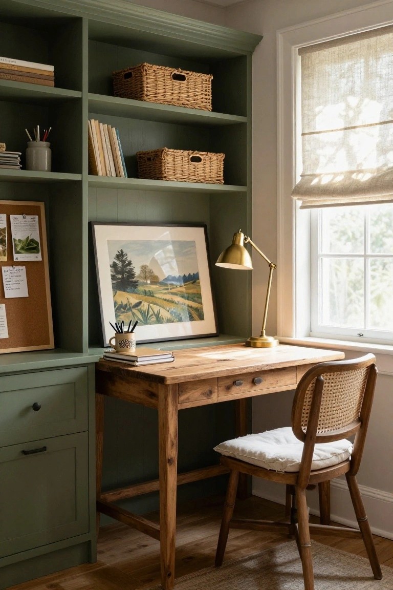 A home office nook with sage green built-in bookshelves and cabinets surrounding a wooden desk, rattan chair with white cushion, gold desk lamp, corkboard, and window with linen shade.