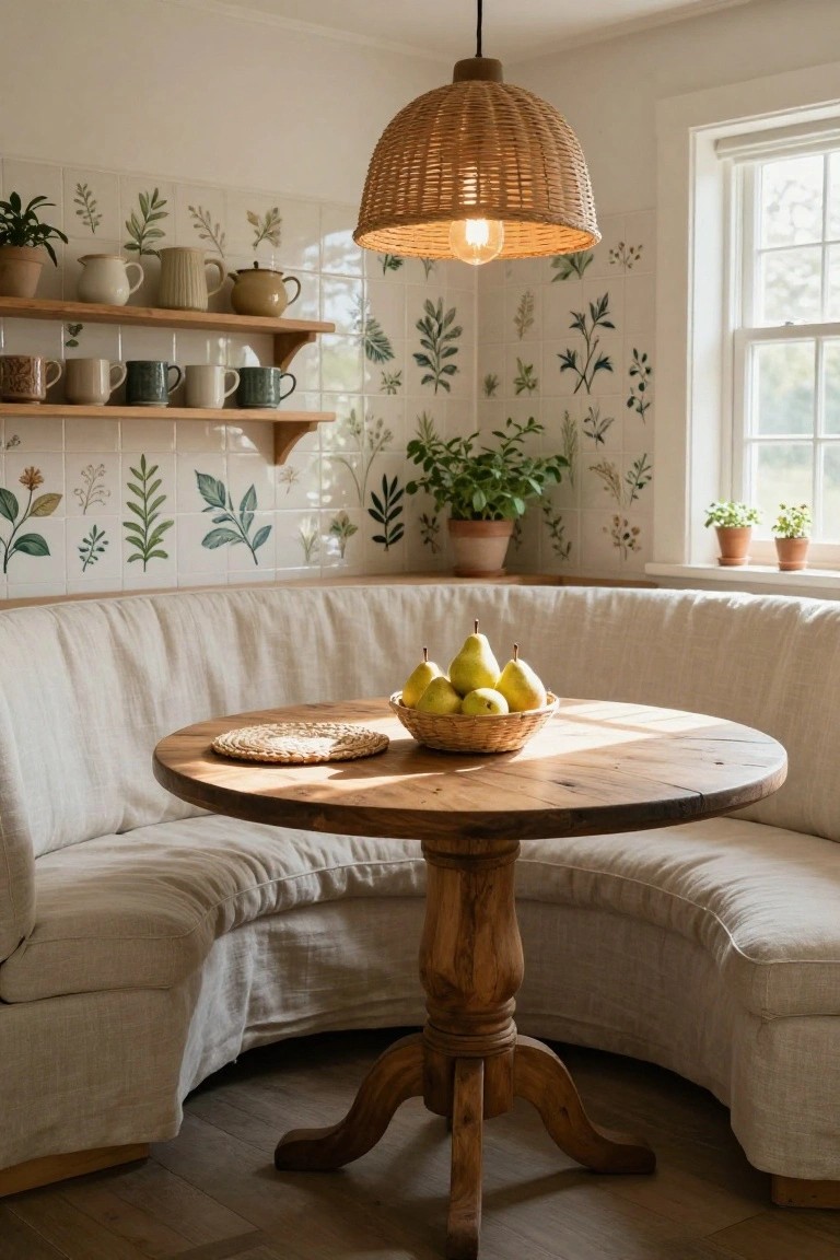 Curved white linen banquette seating in a kitchen corner around a round wooden pedestal table with a woven basket of yellow pears, rattan pendant light overhead, botanical leaf-patterned wall tiles, open shelves with pottery, and potted plants.