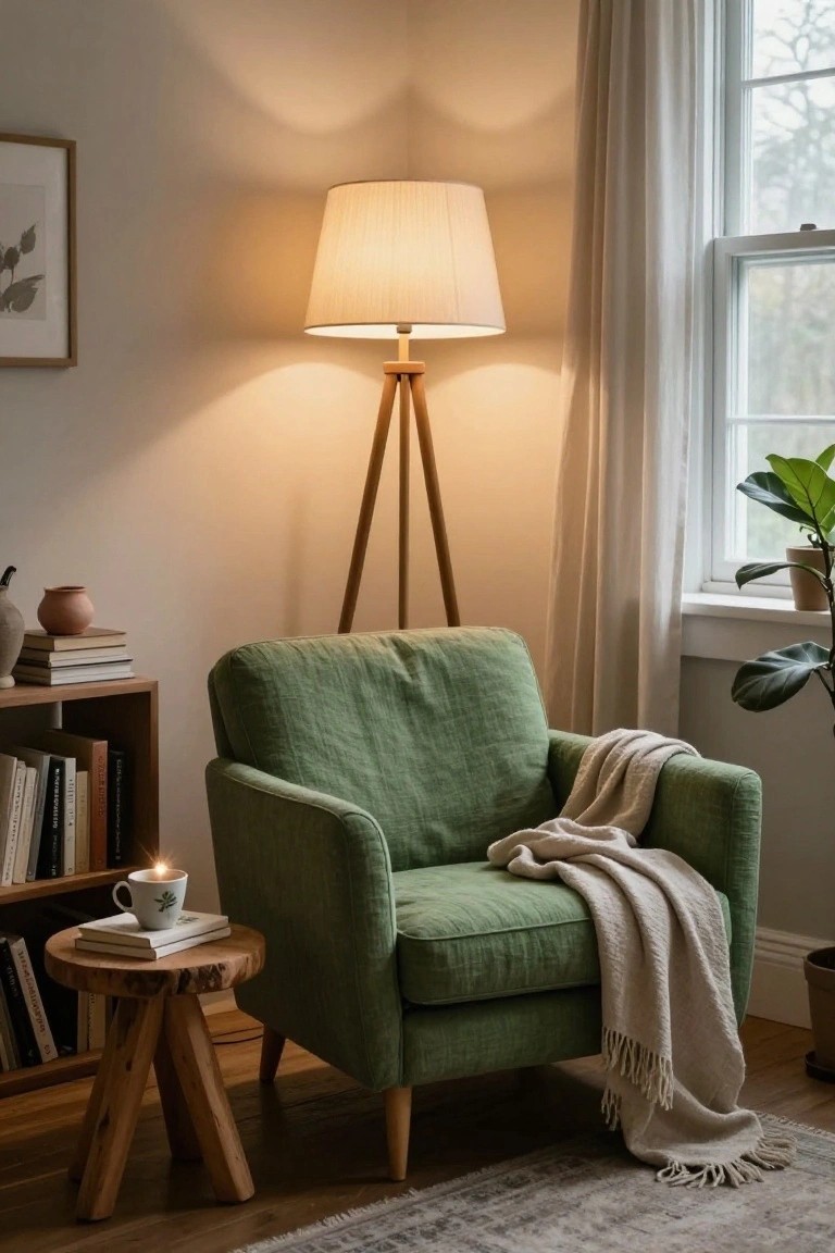 Green textured armchair in a light corner room with wooden tripod floor lamp, wooden stool side table holding books and lit candle, bookshelves, potted plant by window with sheer curtains, and woven rug on wood floor.