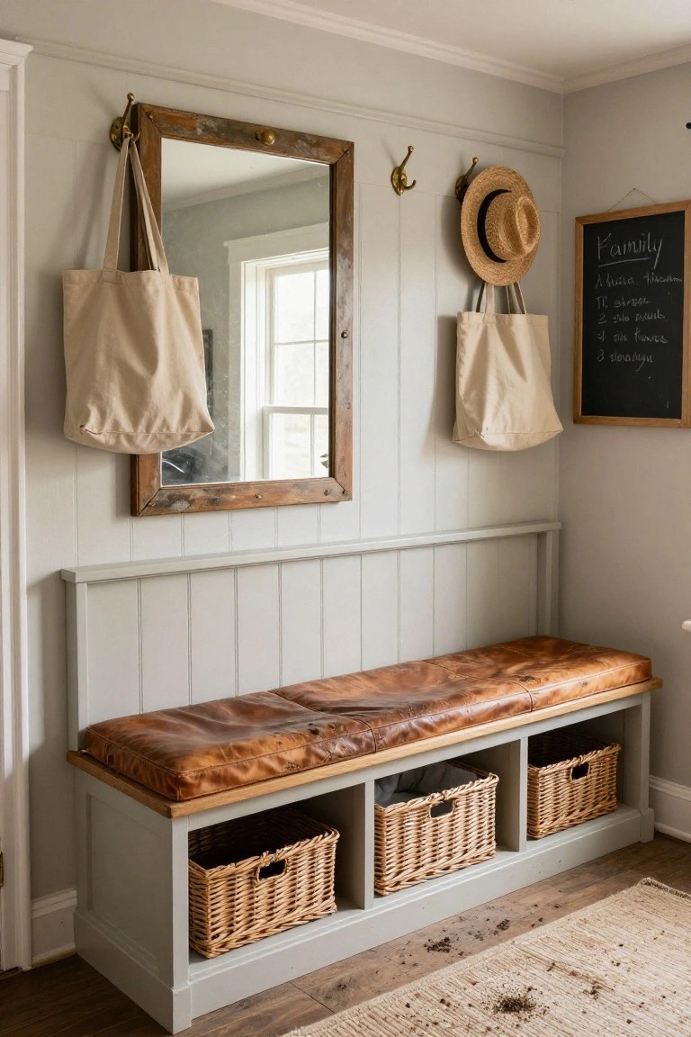 Gray wooden paneled bench with brown leather seat cushion and three wicker baskets in cubbies underneath, next to a rustic wood-framed mirror with hanging canvas tote bags and straw hats on brass hooks in an entryway.