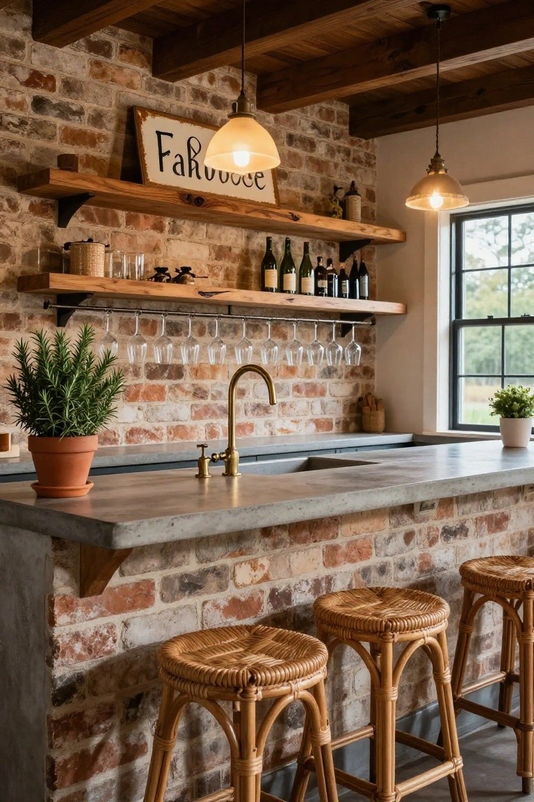 Indoor kitchen bar area with exposed red brick walls, wooden floating shelves holding wine bottles and glass jars, hanging wine glass rack, concrete countertop and sink with gold faucet, potted rosemary plant, and four rattan bar stools.