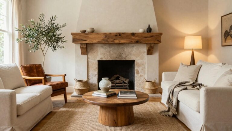 Beige living room with stone fireplace under rustic wooden mantel shelf holding books and pottery, tall potted olive tree next to it, cream sofa with throw, round wooden coffee table with stacked books, seagrass rug, and brown leather armchair.