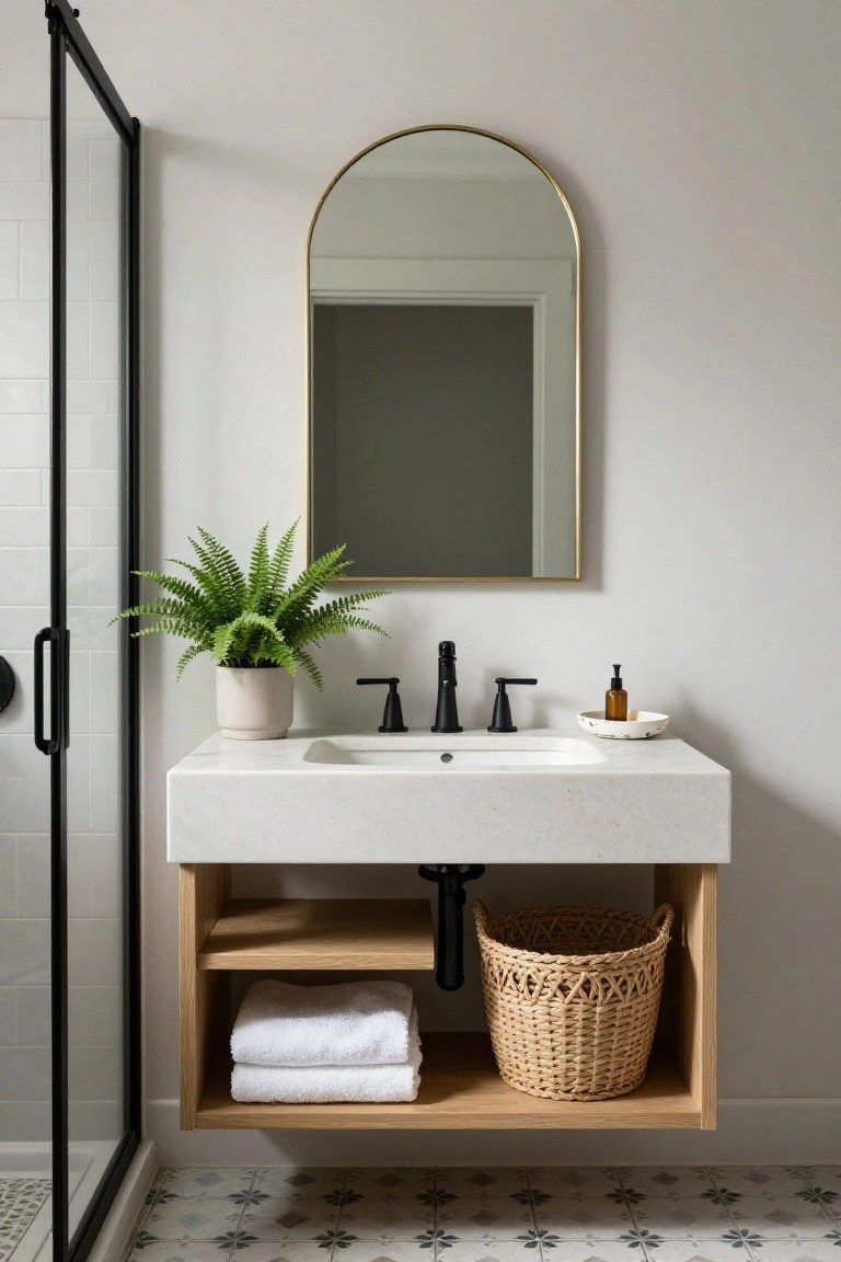 White floating quartz vanity with light oak open shelving underneath holding white towels and a woven basket, black shower enclosure on one side, gold arched mirror above, fern plant in pot on counter, and gray patterned tile floor.