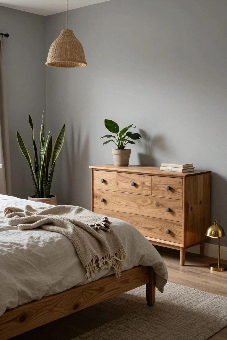 Bedroom corner with light oak wood bed draped in cream throw and white linens, matching oak dresser topped with books and potted plants including snake plant, rattan pendant light overhead, gold table lamp, and gray walls.