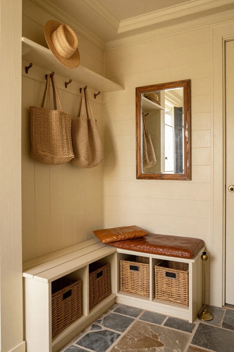 A corner mudroom with pale wood paneling, wooden hooks holding straw hats and woven bags, a rectangular mirror, a built-in white bench with brown leather cushion and wicker storage baskets underneath, and a slate tile floor.